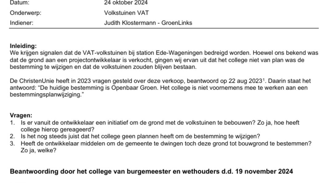 Ingediende raadsvragen volkstuinen Dr. Hartogsweg.