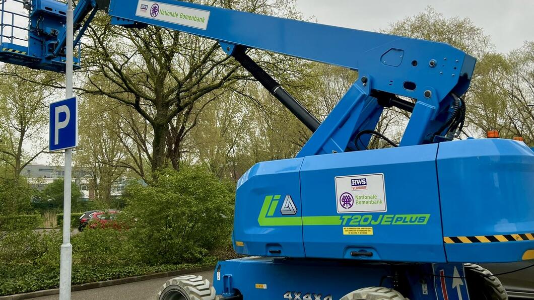 Lage bosschage met daarachter een hoogwerker die bij een hoge boom staat.