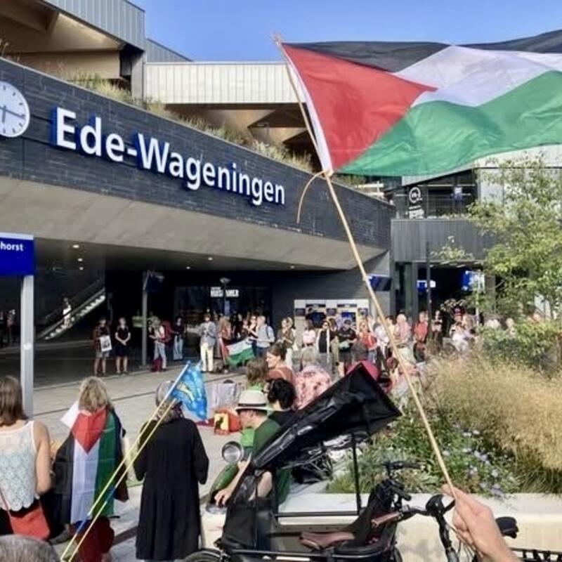 Station Ede-Wageningen, rechts boven in beeld een wapperende Palestijnse vlag.
