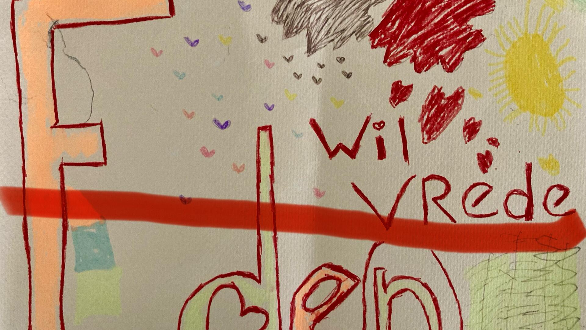Afbeelding van tekst ‘Ede(n) wil vrede’ met kindertekeningetjes er omheen van hartjes. Middendoor een rode lijn.